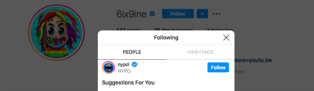 Tekashi 6ix9ine Ups His Troll Status By Only Following NYPD On Instagram