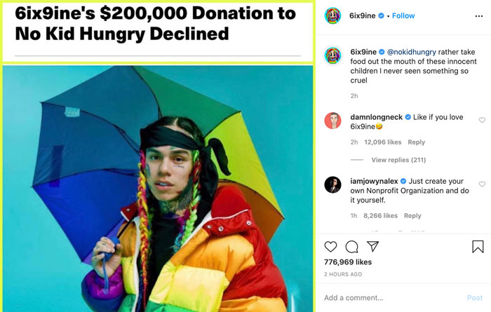 Tekashi 6ix9ine Shames No Kid Hungry Nonprofit For Rejecting His $200K Donation